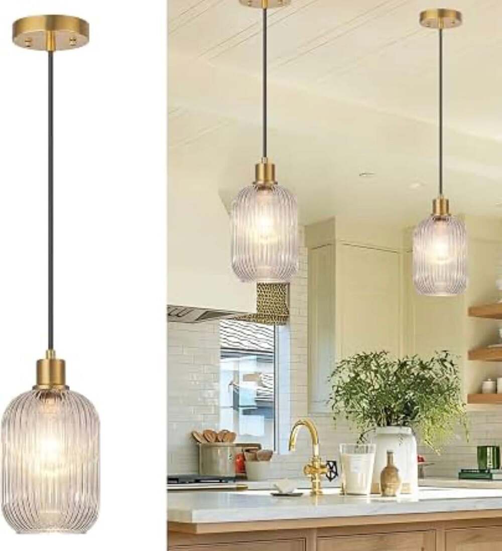 LMAPLUMP Pendant Lamp Gold Pendant Light Ribbed Glass Lampshade